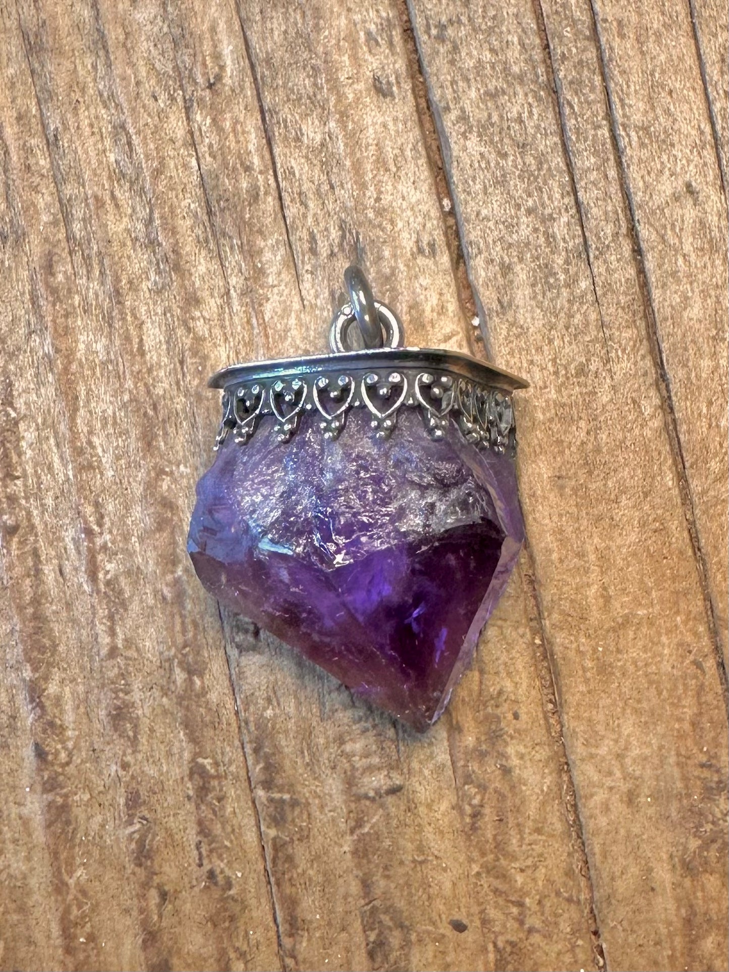 Raw Amethyst Ornate Mount Silver Pendant