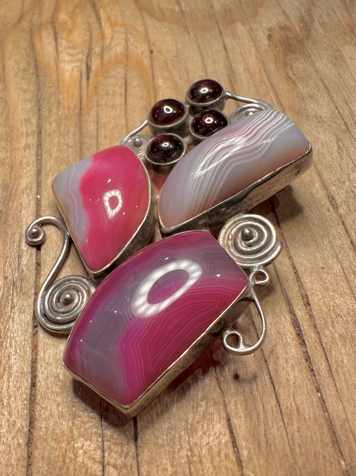 Abstract Garnet and Agate Swirl Large 925 Sterling Silver Pendant