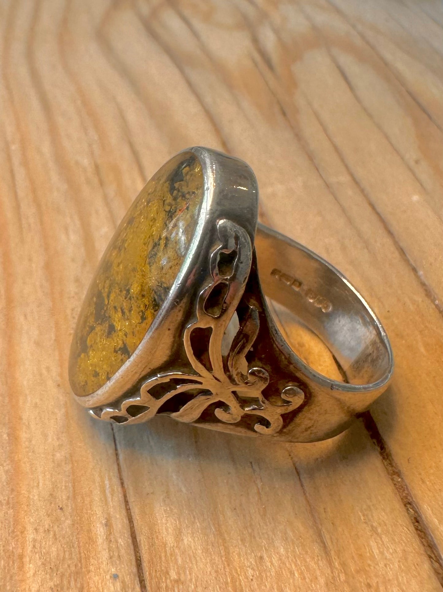 Vintage 1998 Green Amber 925 Silver Size O Ring