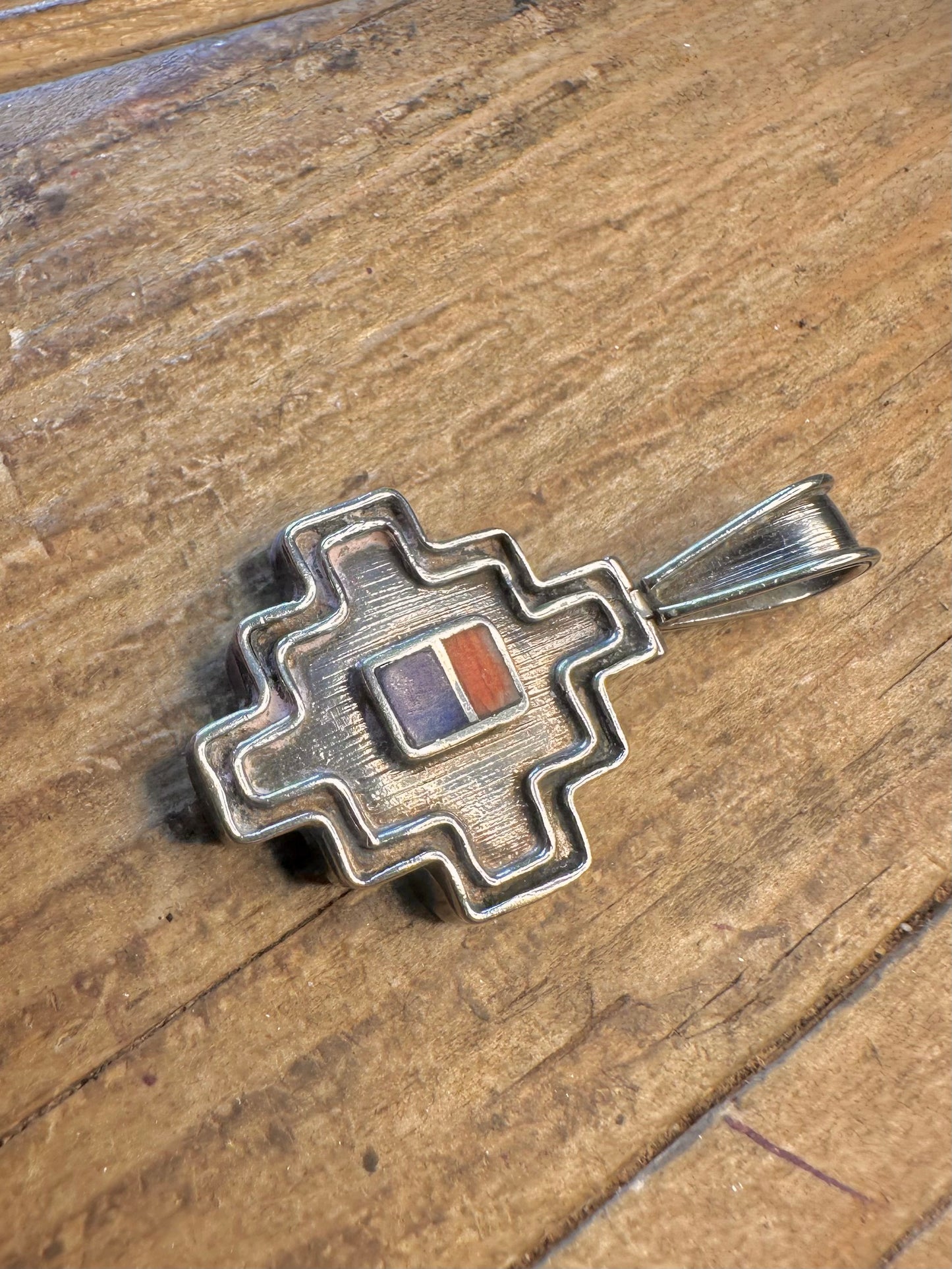 Unique Coral and Lapis Cross 950 Silver Pendant