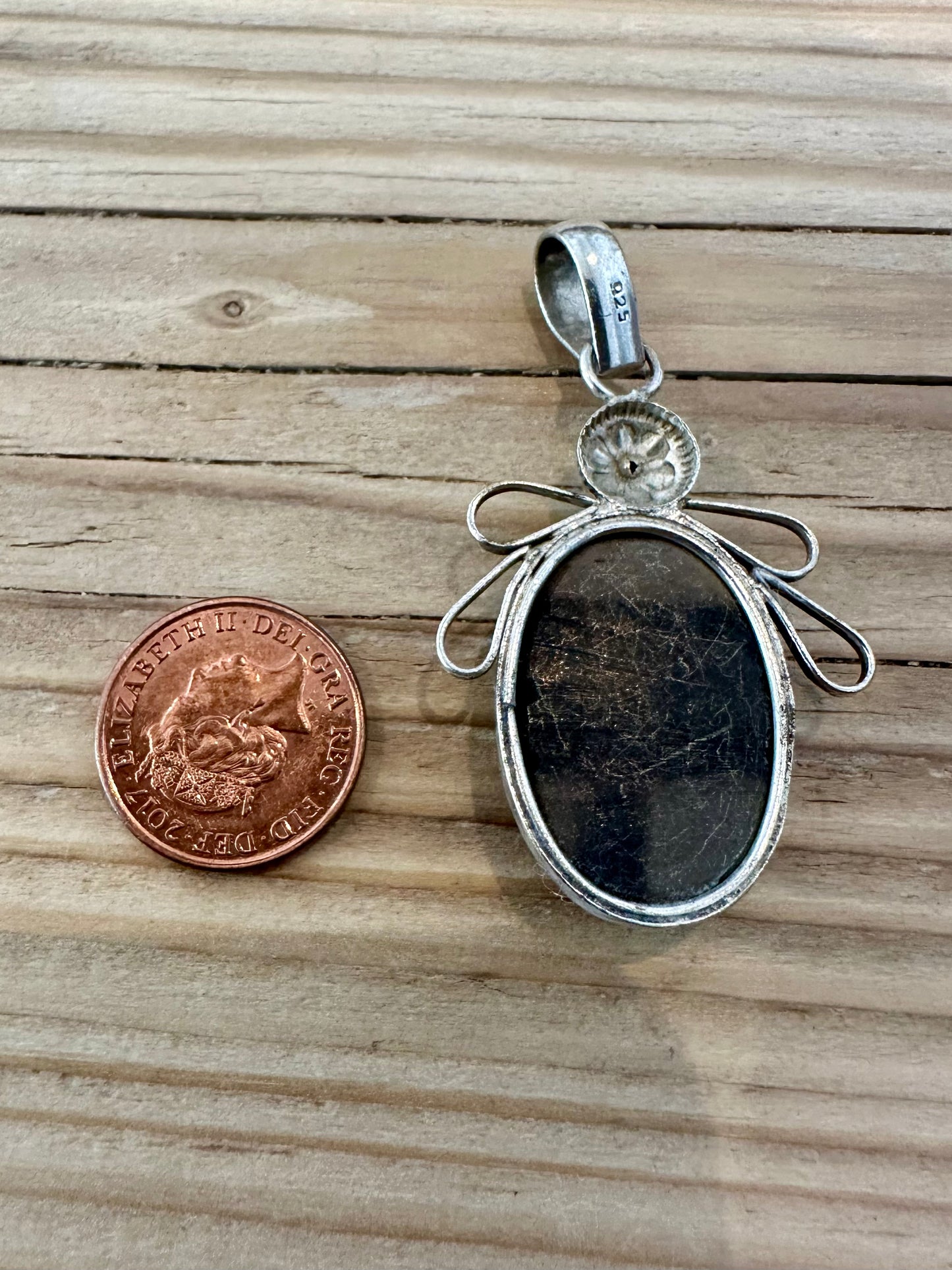 Vintage Black Agate Flower 925 Silver Pendant