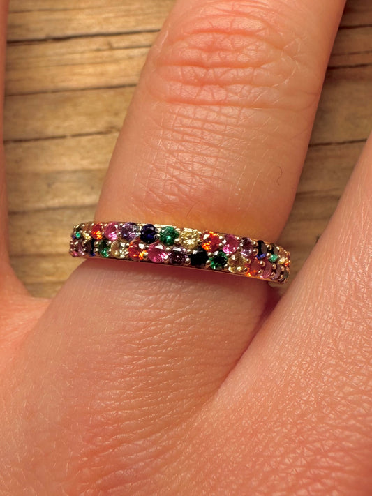 Modern Multi Coloured CZ Gold Tone 925 Sterling Silver Size Q Ring