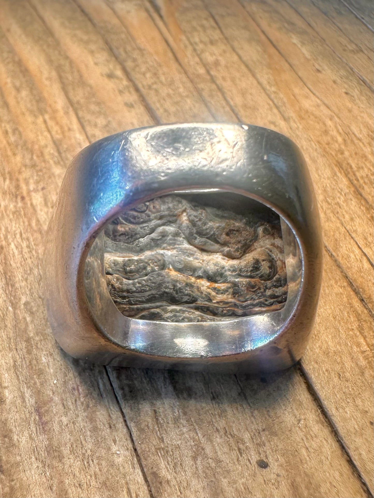 Kunsthandwerklicher klobiger grauer glitzernder Rohstein 925 Sterling Silber Ring Größe S