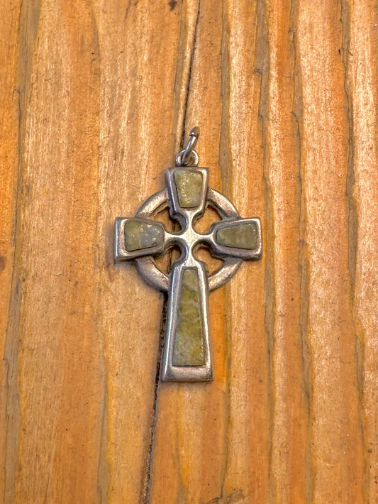 Celtic Cross Green Marble 925 Sterling Silver Pendant
