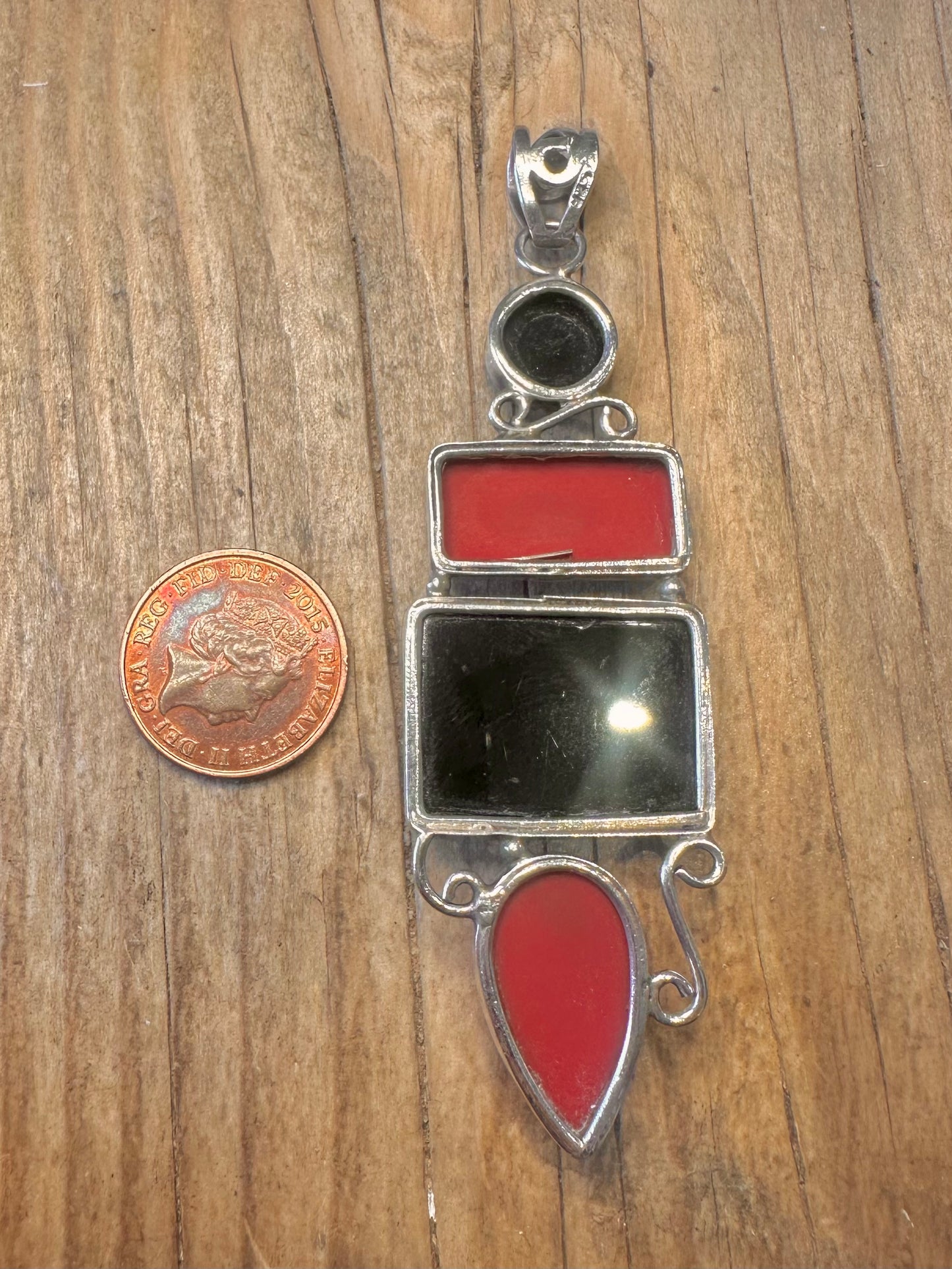 Vintage Rot-Schwarz-Stein 925 Sterlingsilber Anhänger