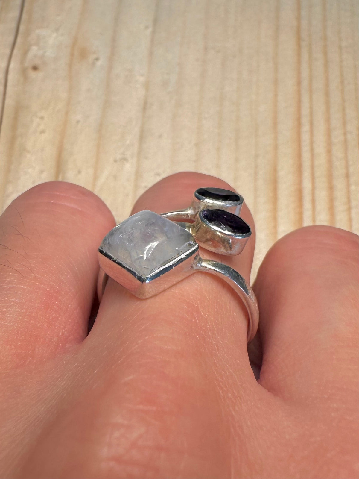 Rainbow Moonstone & Amethyst Boho 925 Sterling Silver Size Q Ring