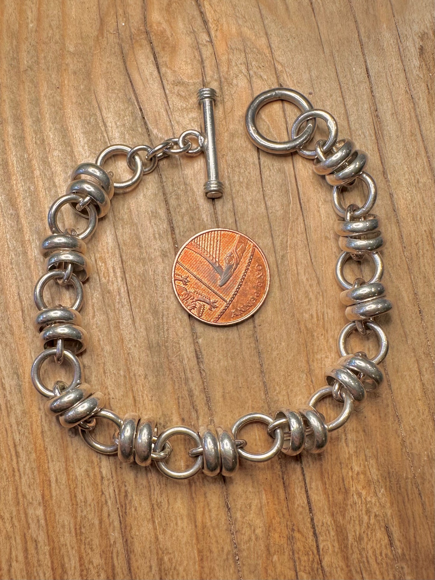 Vintage Circle Link T Bar 925 Sterling Silver 8 inch Bracelet