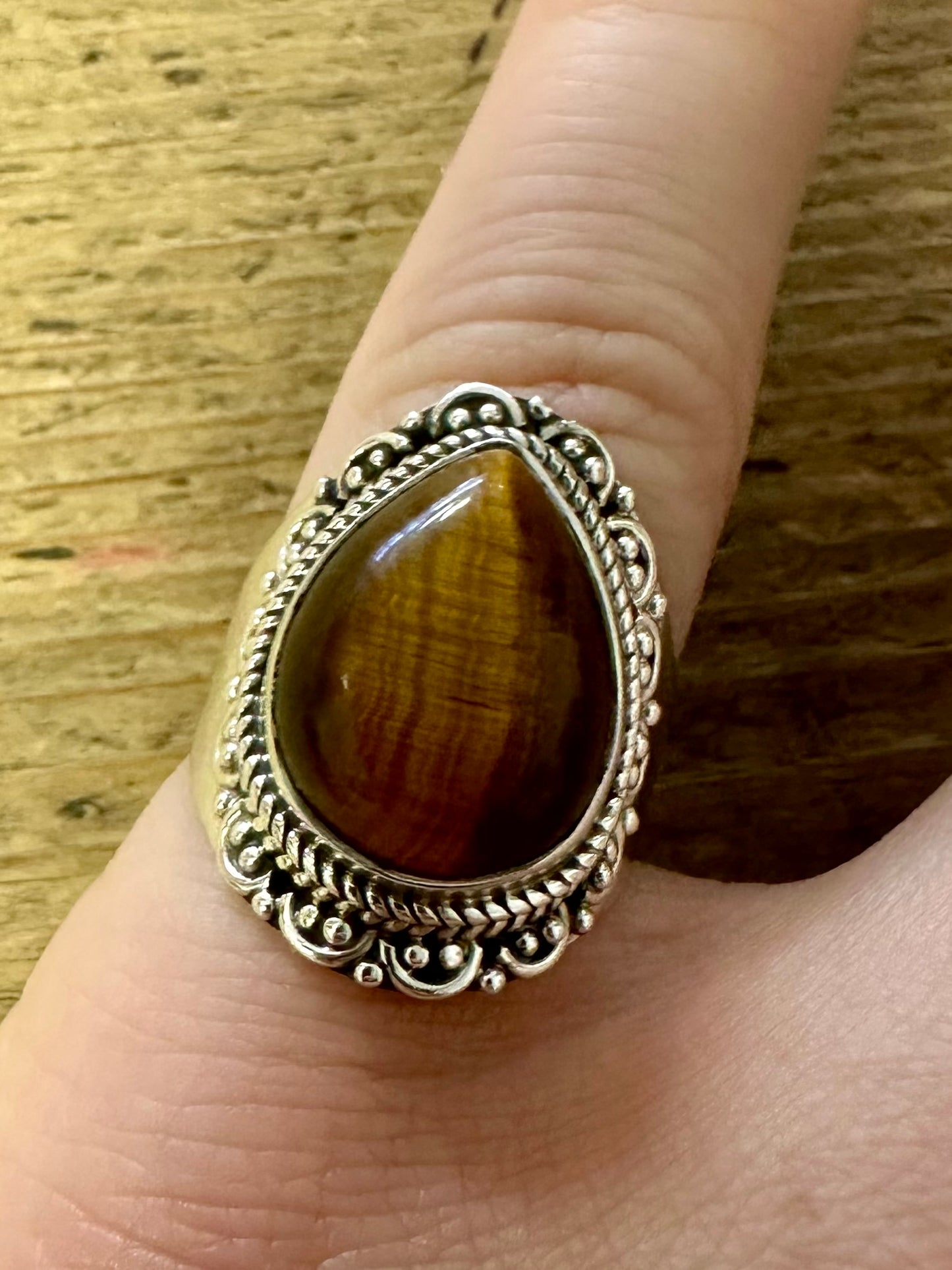 Vintage Tribal Tigers Eye 925 Silver Size N Ring