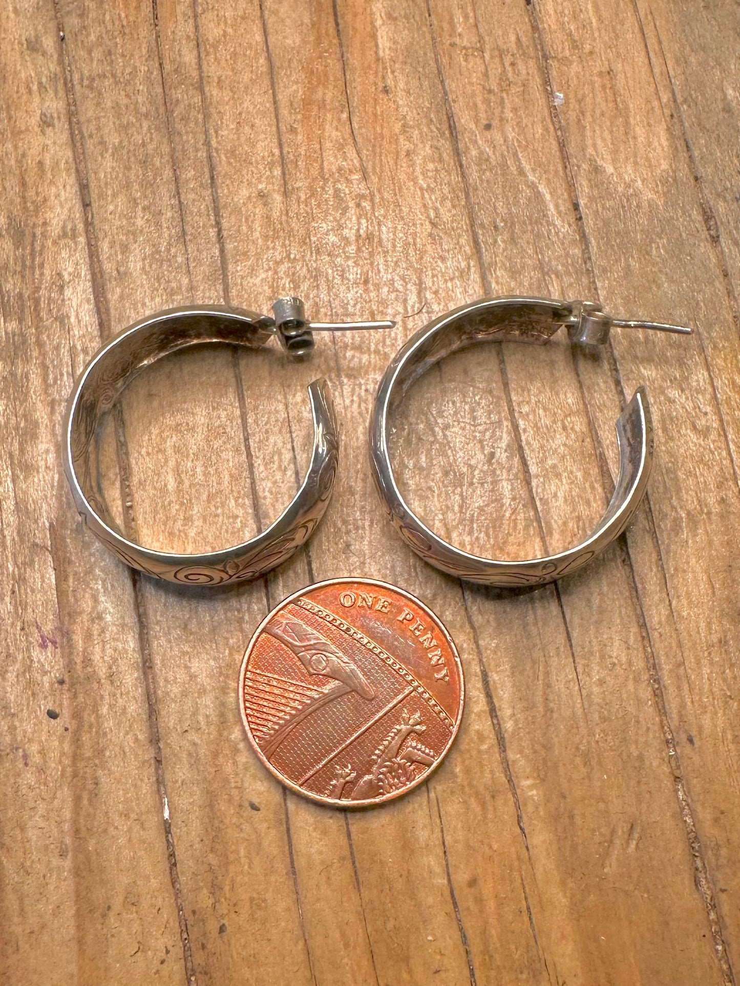 Vintage Chunky Engraved Half Hoops 925 Sterling Silver Earrings