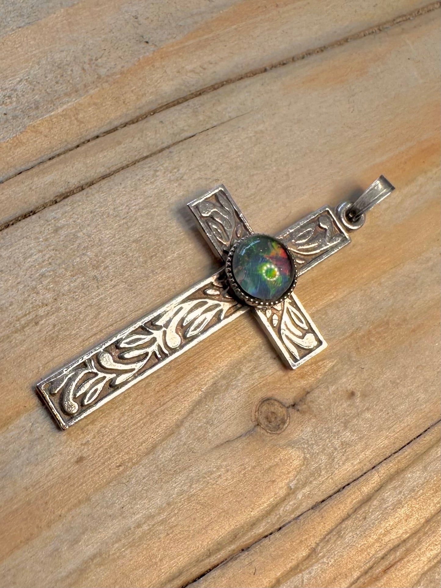 Vintage Engraved Cross Blue Opal 925 Sterling Silver Pendant