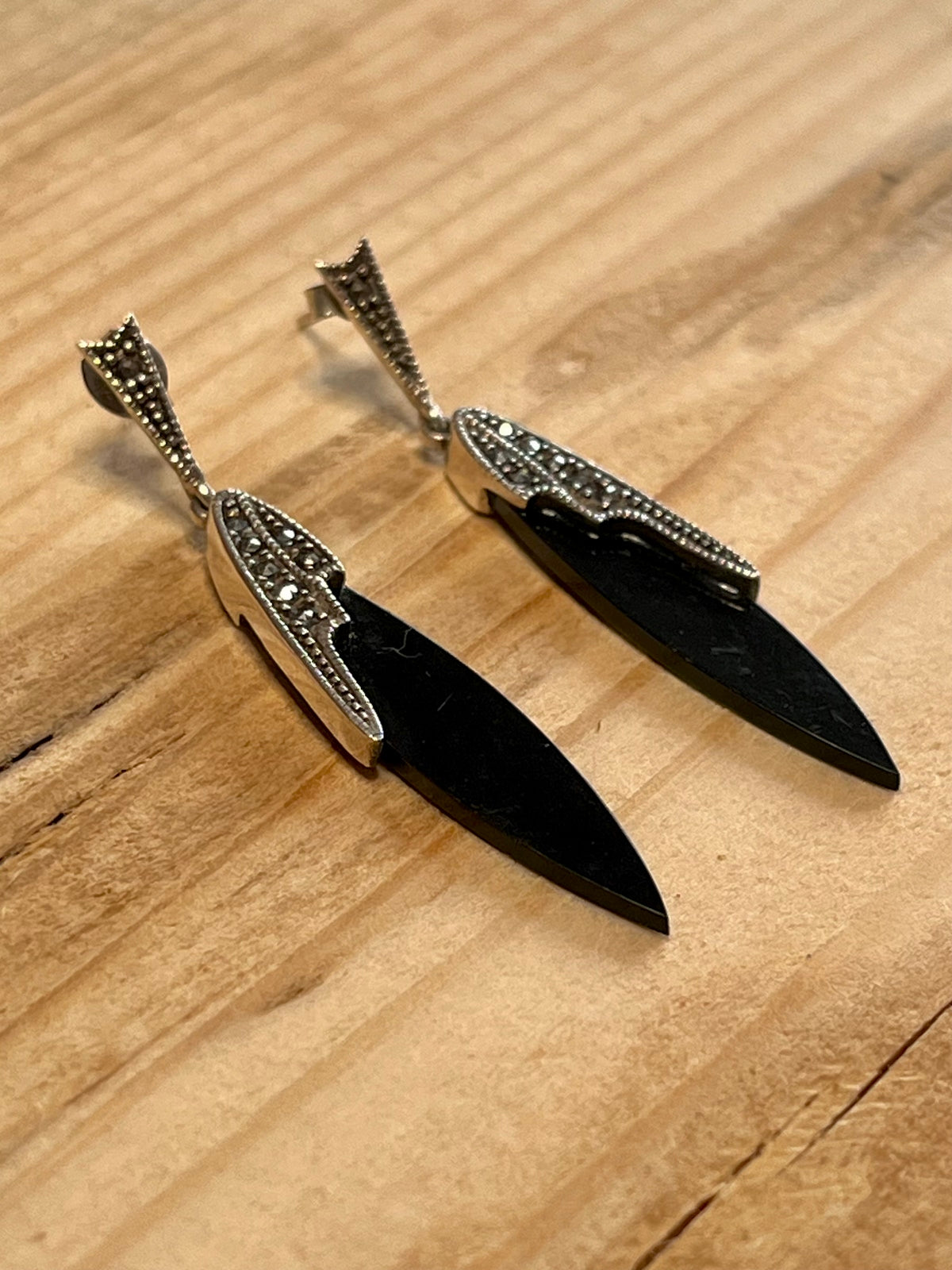 Elongated Black Onyx and Marcasite 925 Sterling Silver Drop Earrings