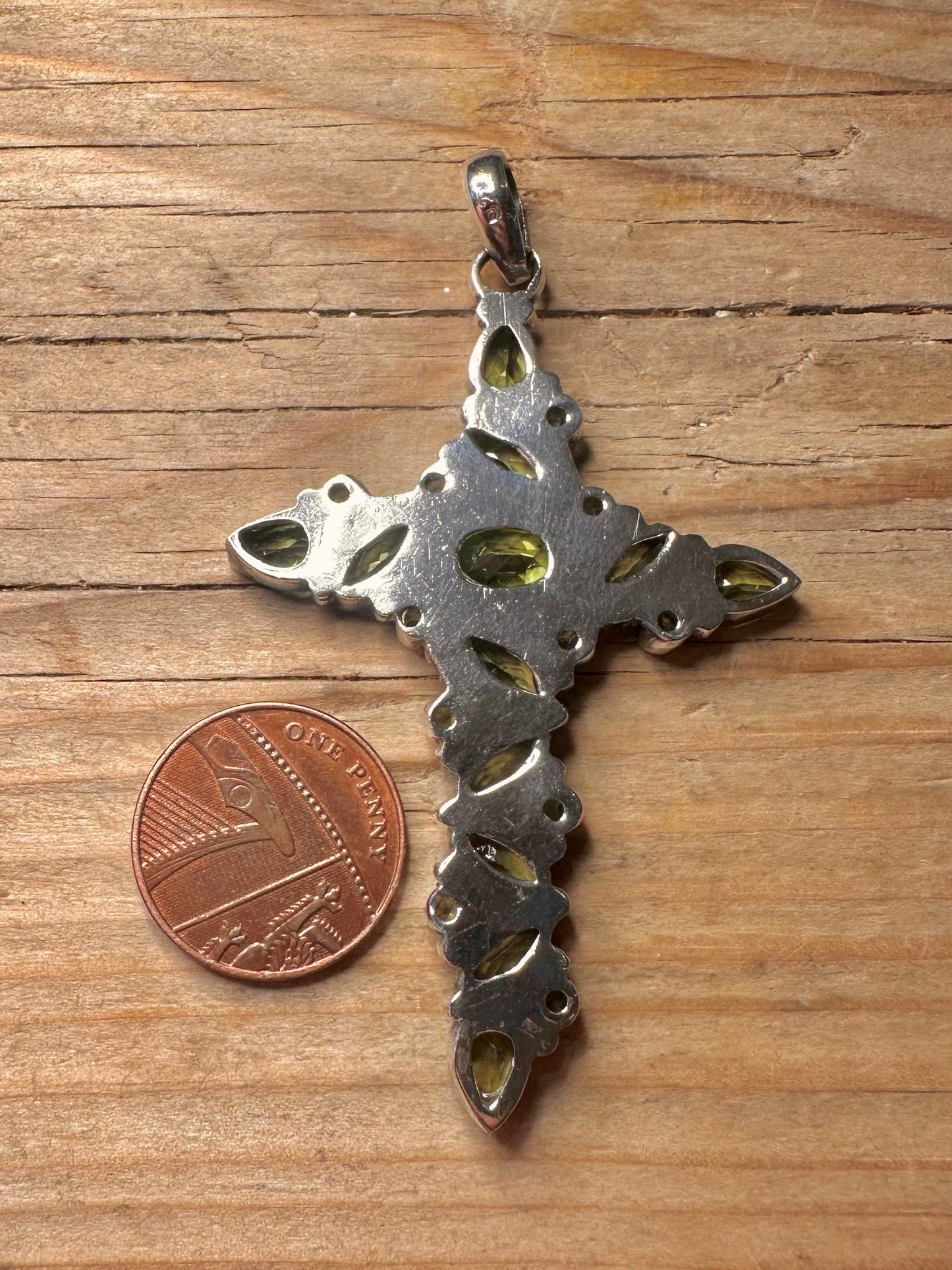 Vintage Peridot großes Kreuz 925 Sterlingsilber-Anhänger