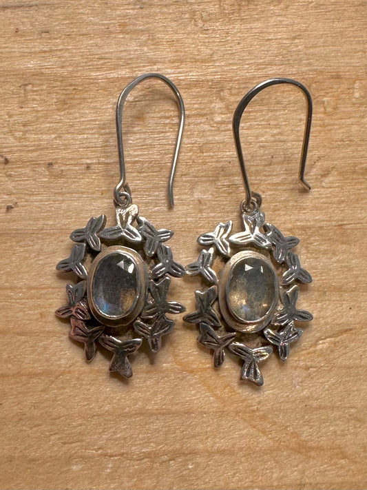 Vintage Labradorite Leaf Design 925 Silver Earrings