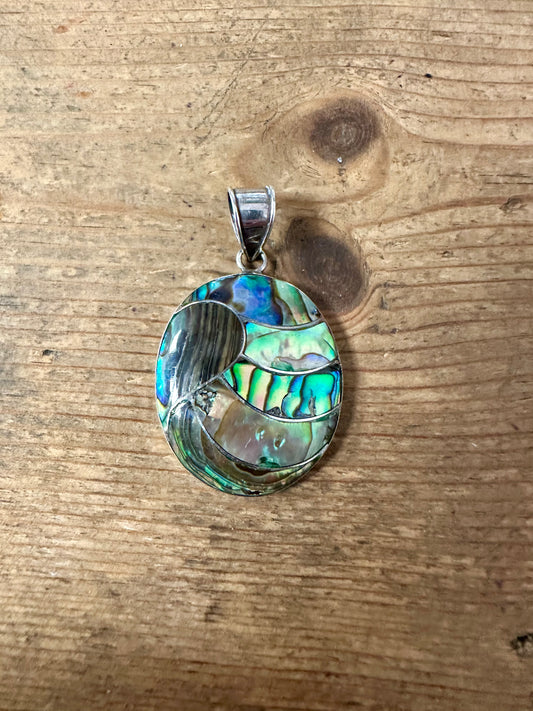 Vintage Abalone Oval Mosaic 925 Silver Pendant