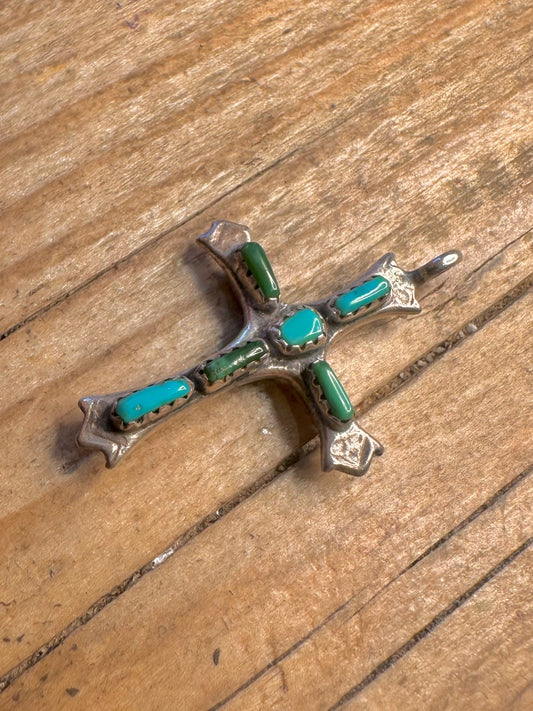 Vintage Zuni Turquoise and Coral Cross 925 Sterling Silver Pendant