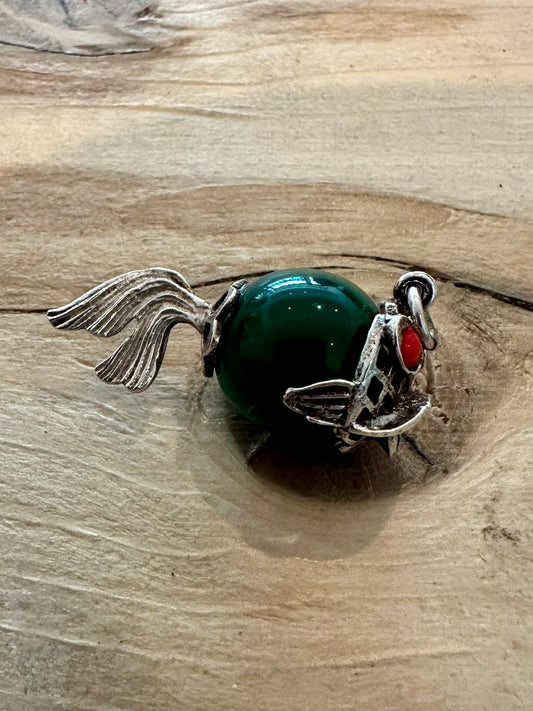 Vintage Puffer Fish Green and Red Eyes Silver Charm Pendant