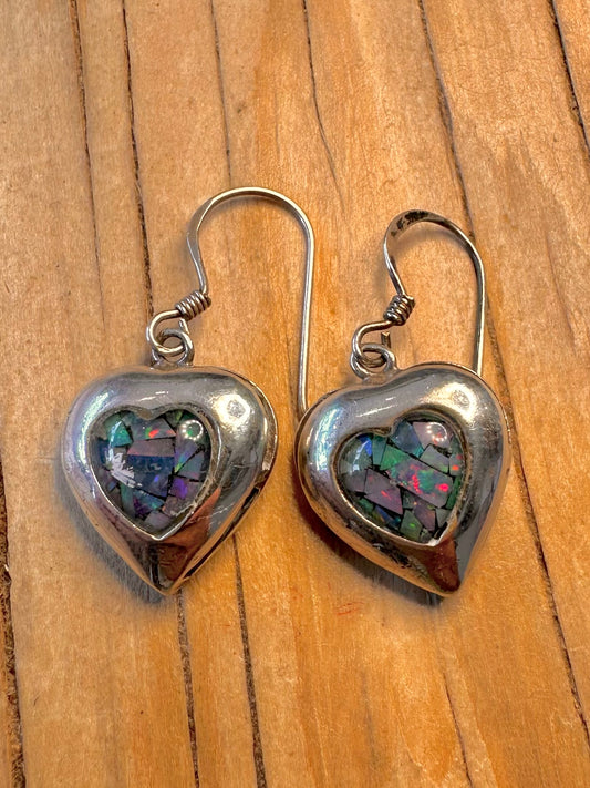 Vintage Heart Opal Mosaic 925 Silver Earrings