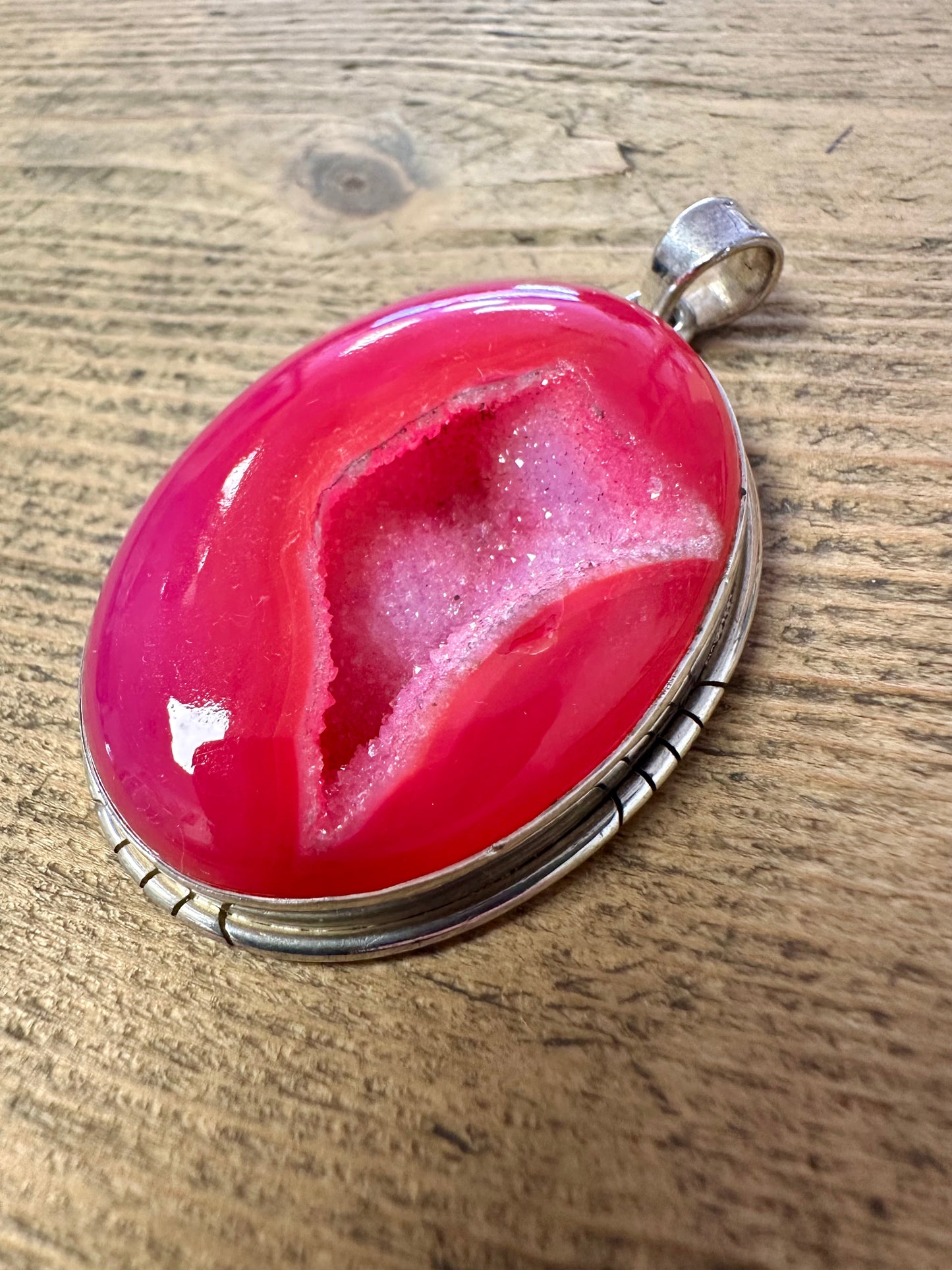 Vintage Pink Druzy Large Oval 925 Silver Pendant