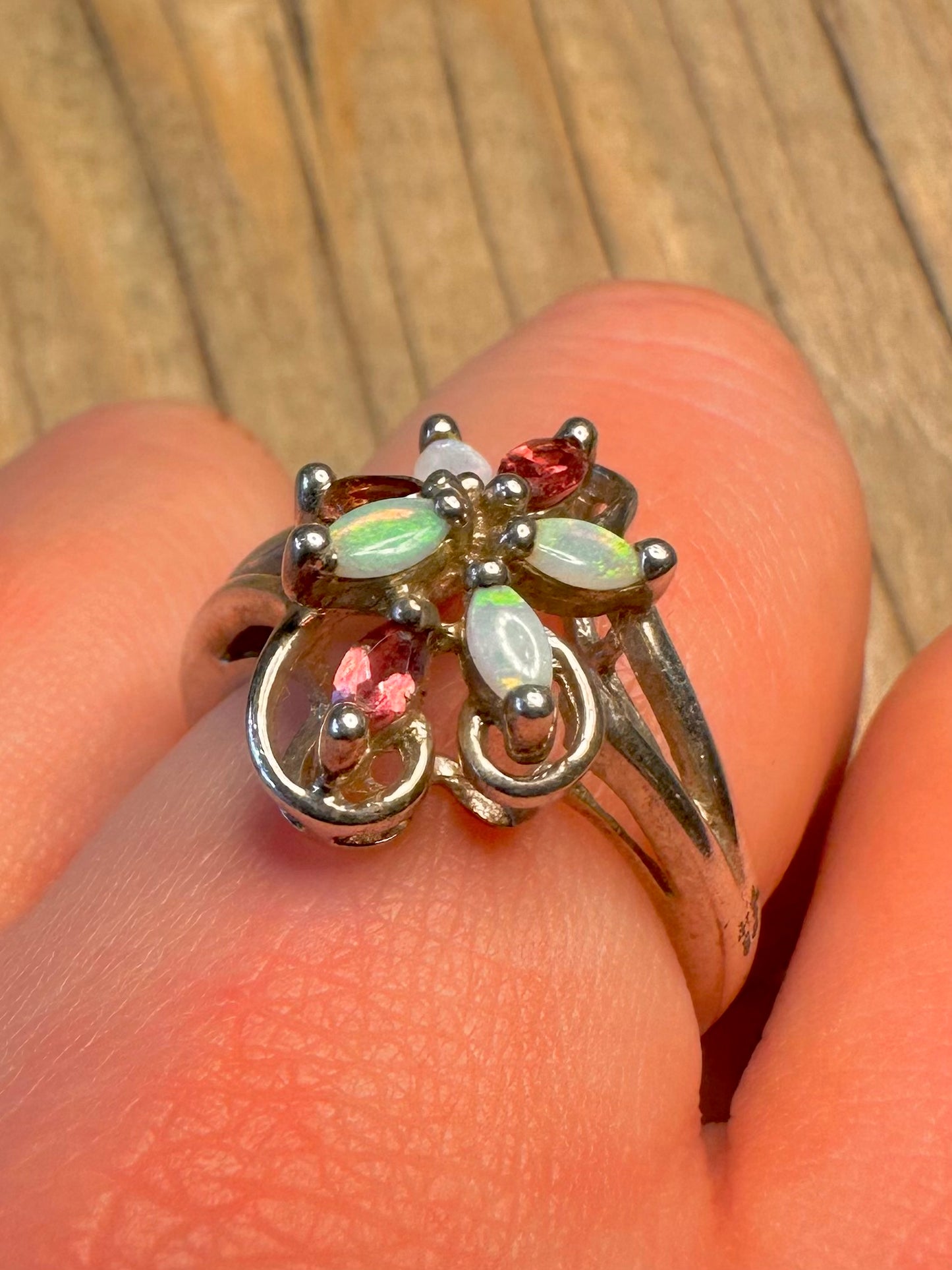 Vintage Opal and Pink Tourmaline 925 Sterling Silver Size T Ring
