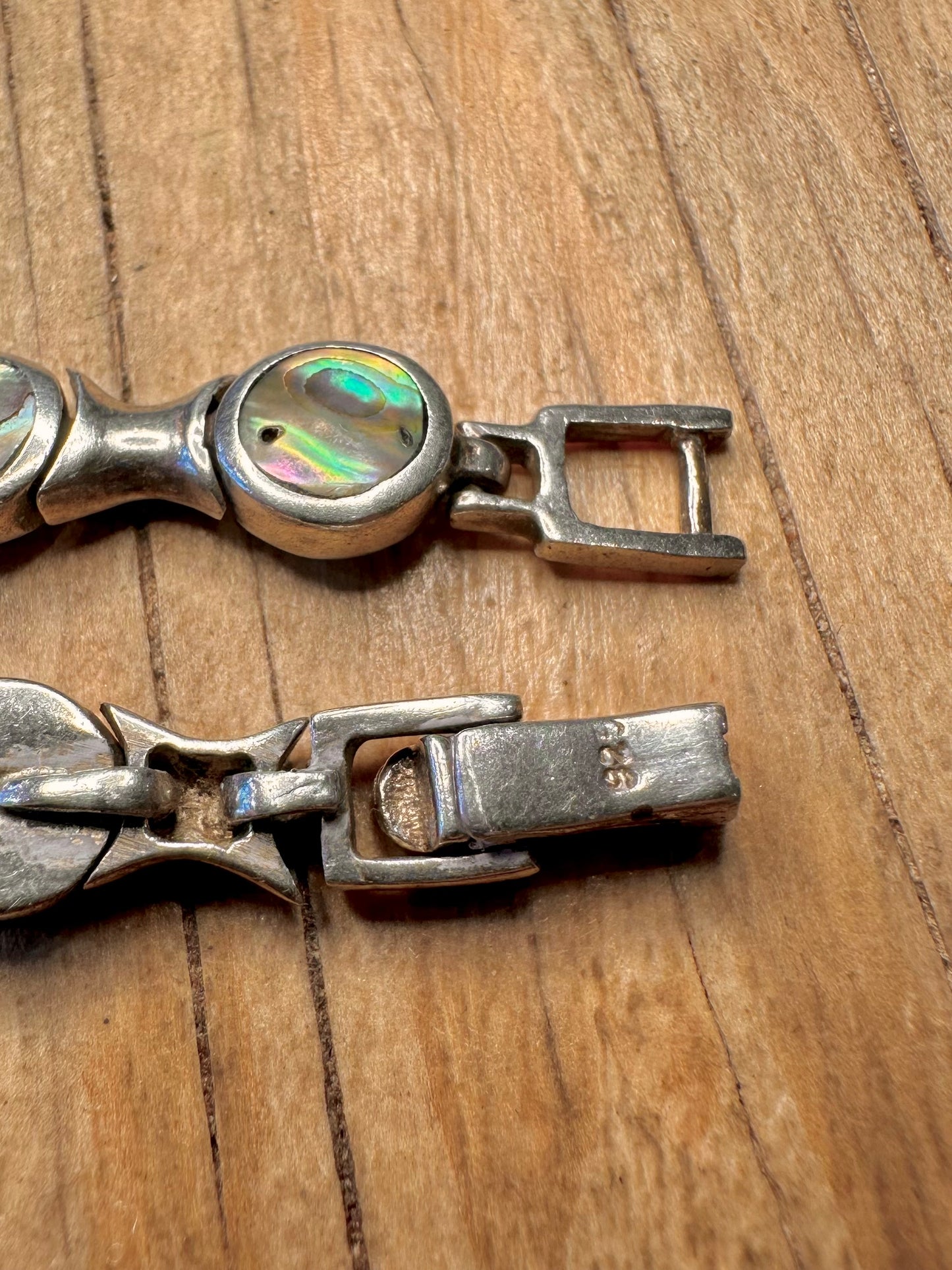 Vintage Heavy Abalone Oval Link 925 Sterling Silver 7.2 inch Bracelet