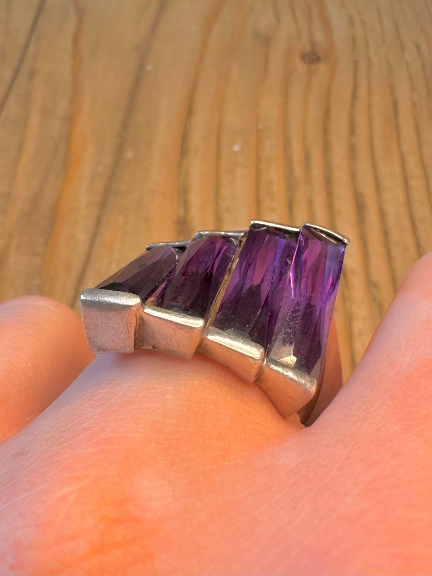 Purple Stone Baguette Cut Staggered 925 Sterling Silver Size P1/2 Ring