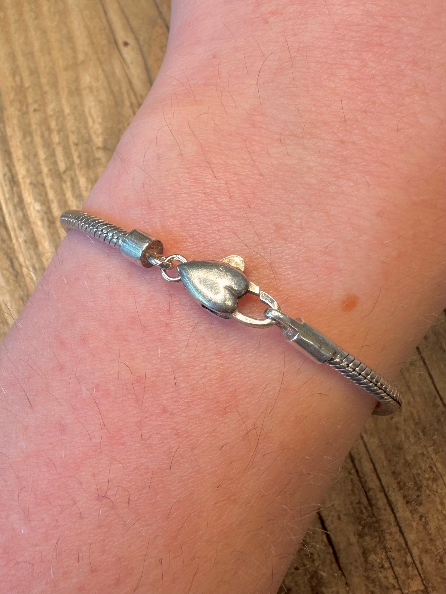 Snake Chain Heart Clasp 925 Sterling Silver 7.5 inch Bracelet