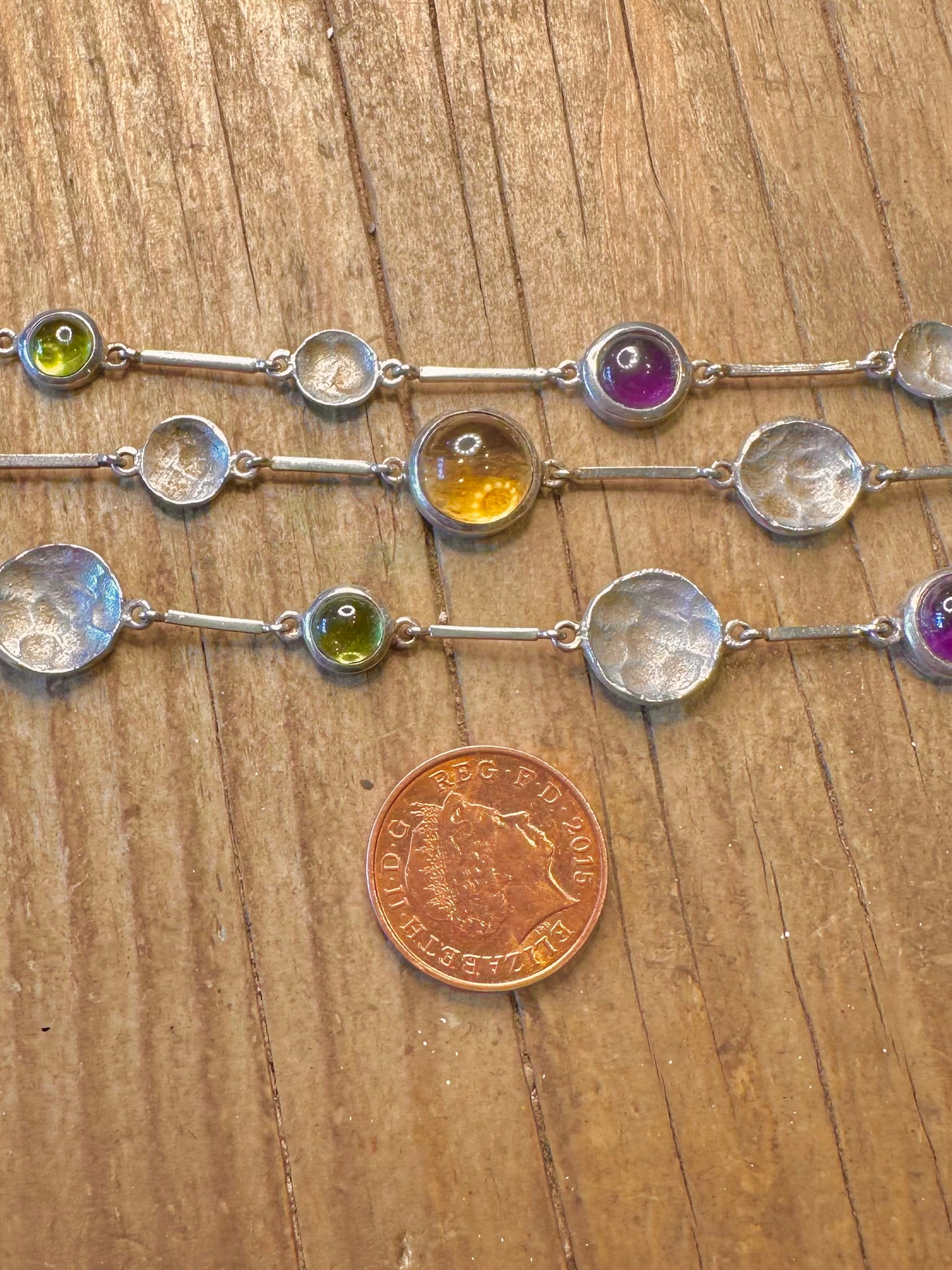 Modernist Multi Gemstone Hammered Three Strands T Bar 925 Sterling Silver 7.5 to 8.5 inch Bracelet