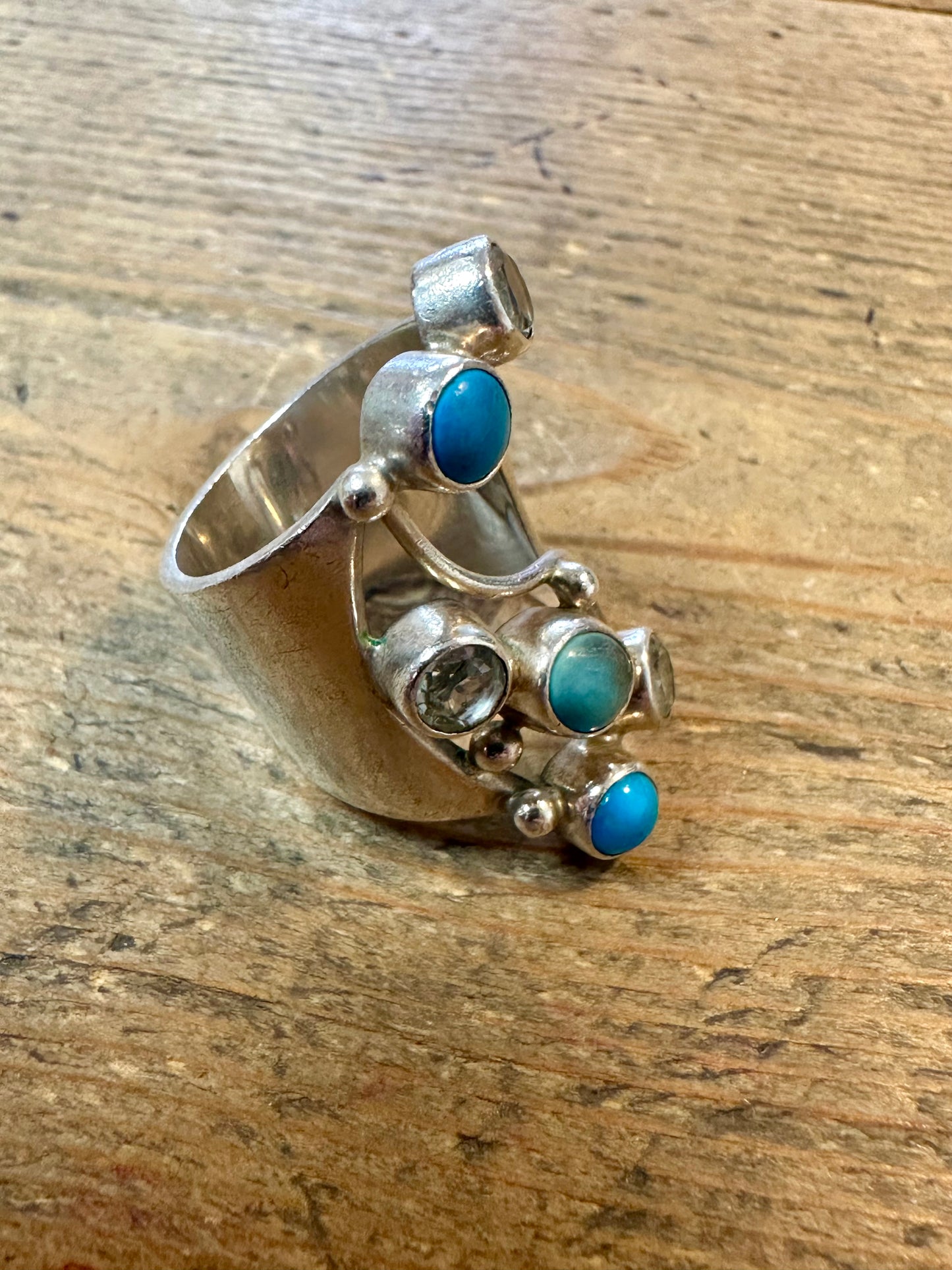 Abstract Blue Stones and Blue Topaz 925 Silver Size M Ring