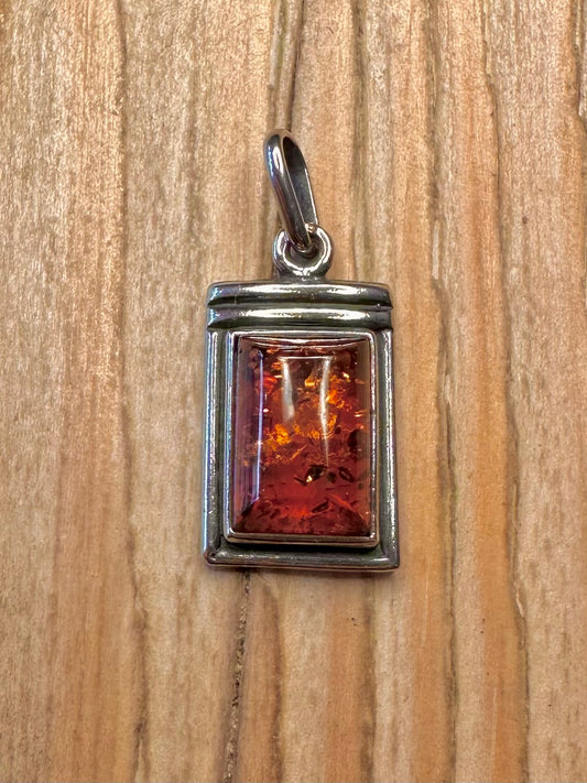 Vintage Rectangle Amber 925 Sterling Silver Pendant
