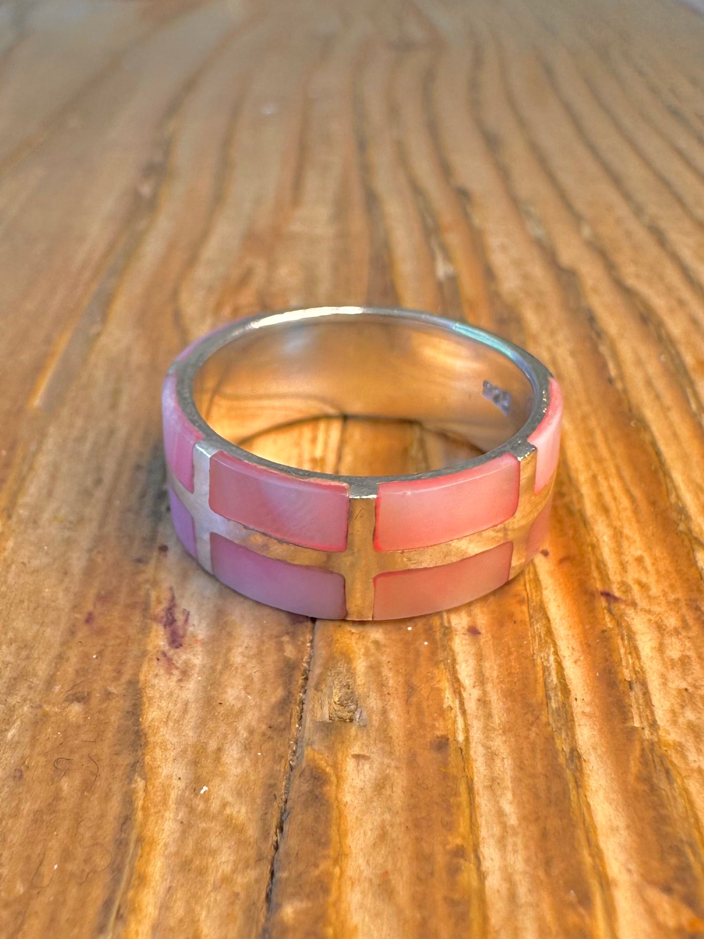 Pink Mother of Pearl Inlay Band 925 Sterling Silver Size P Ring