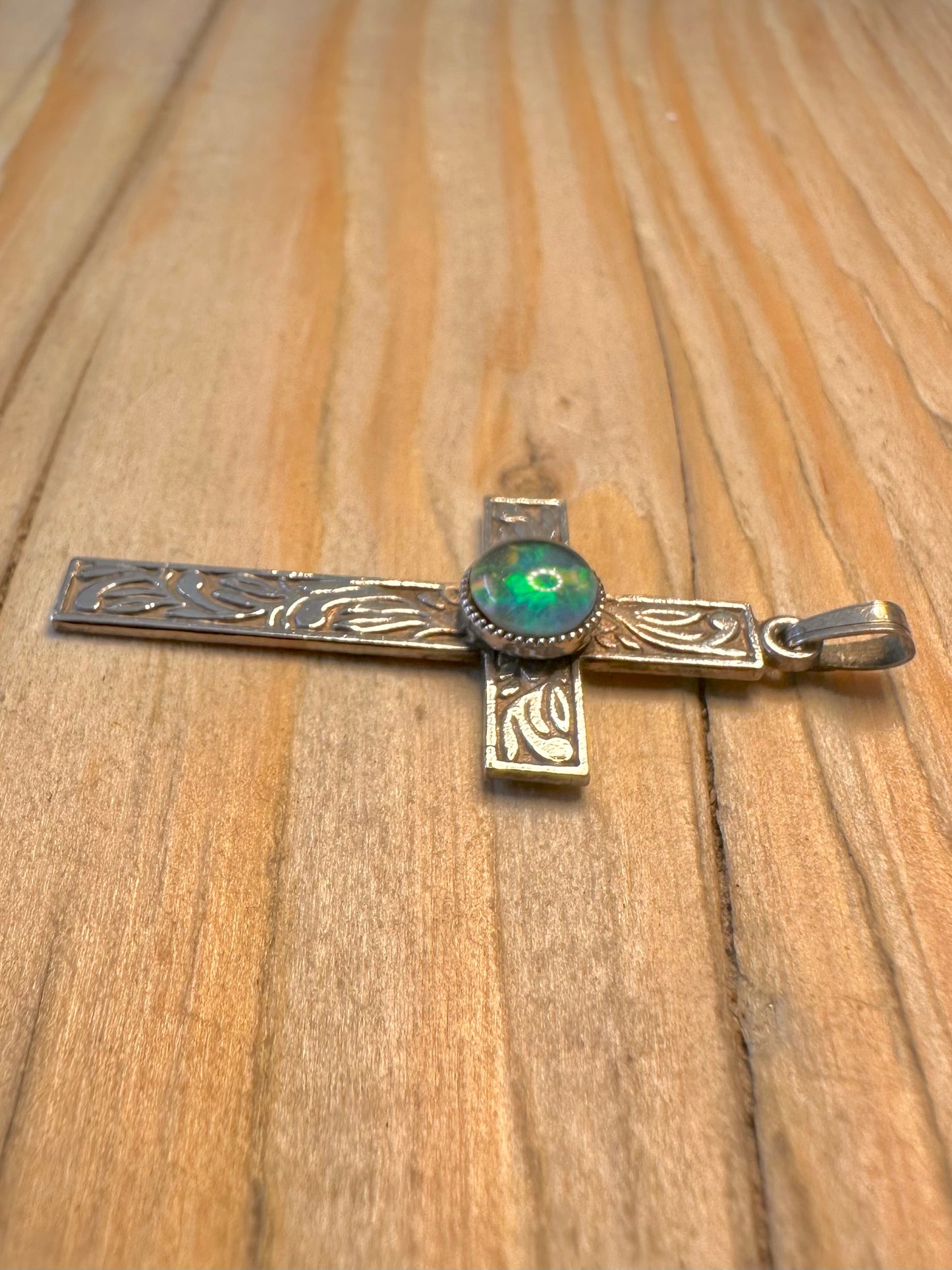 Vintage Engraved Cross Blue Opal 925 Sterling Silver Pendant