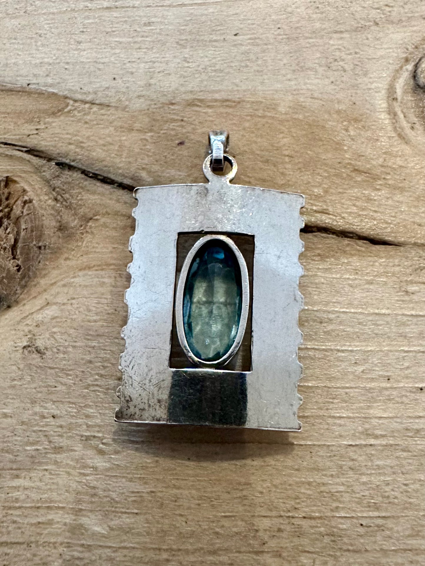 Abstract Vintage Blue Stone Textured Rectangle 925 Silver Pendant