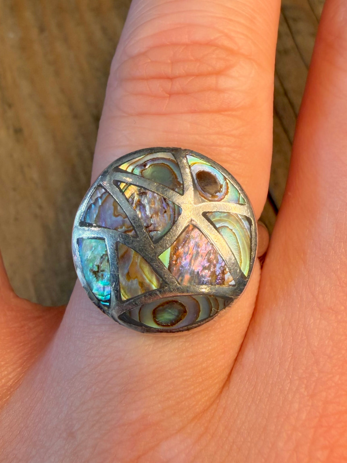 Abalone Inlay Circle 925 Sterling Silver Size R Ring