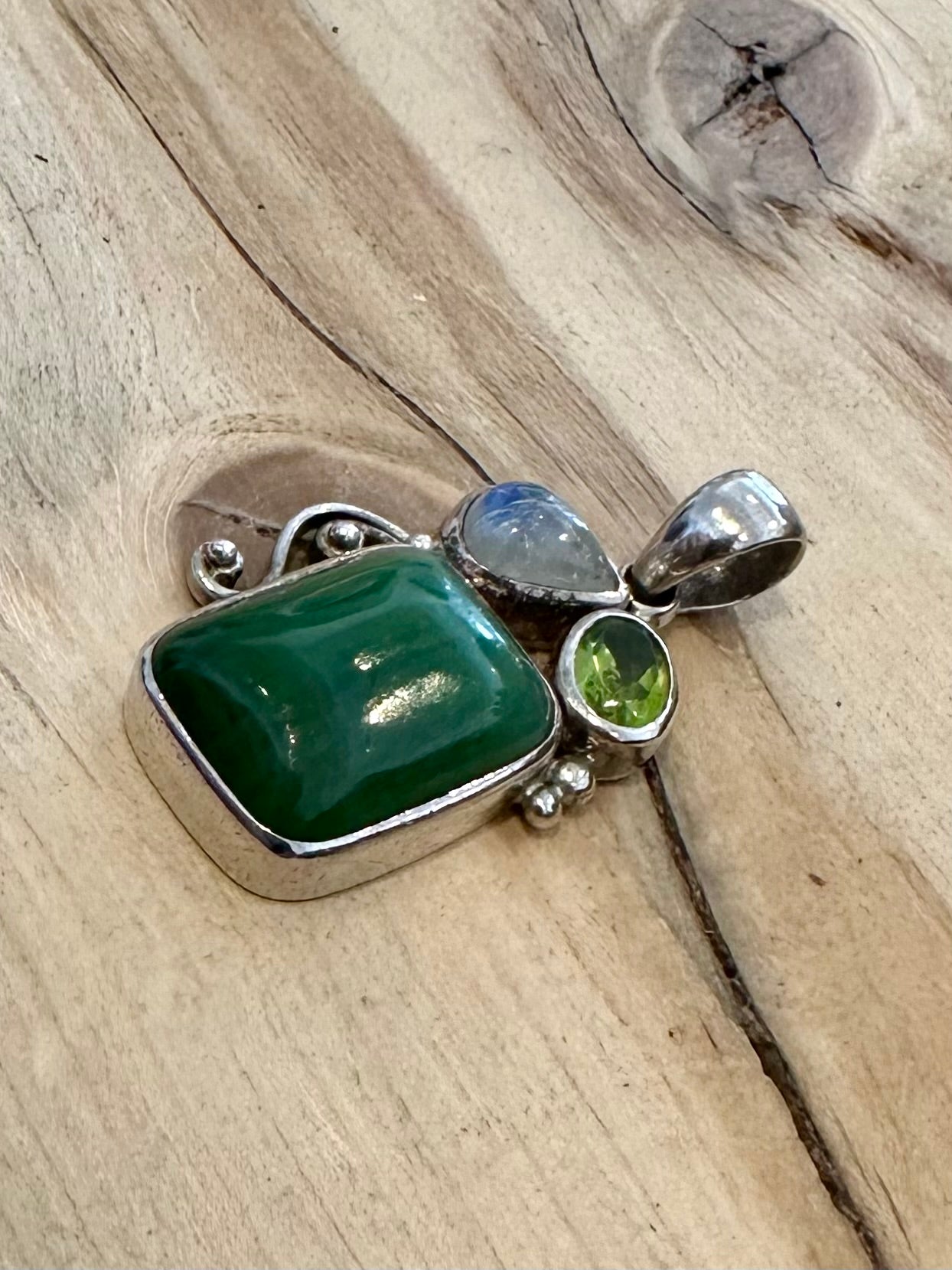 Abstract Green Stone Moonstone and Peridot 925 Silver Pendant