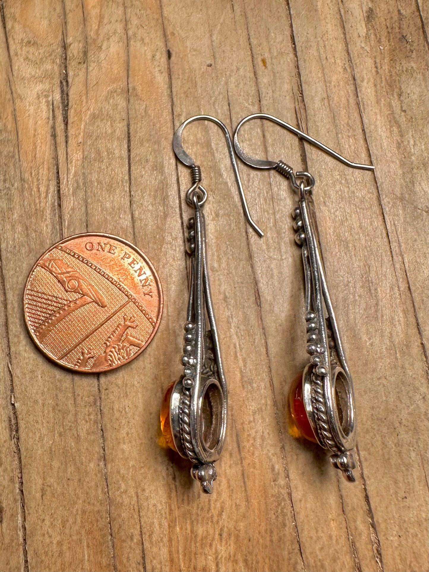 Vintage Amber Ornate Dangle 925 Sterling Silver Earrings