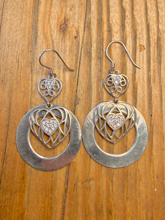 Heart CZ Stone Circle Dangle 925 Sterling Silver Earrings