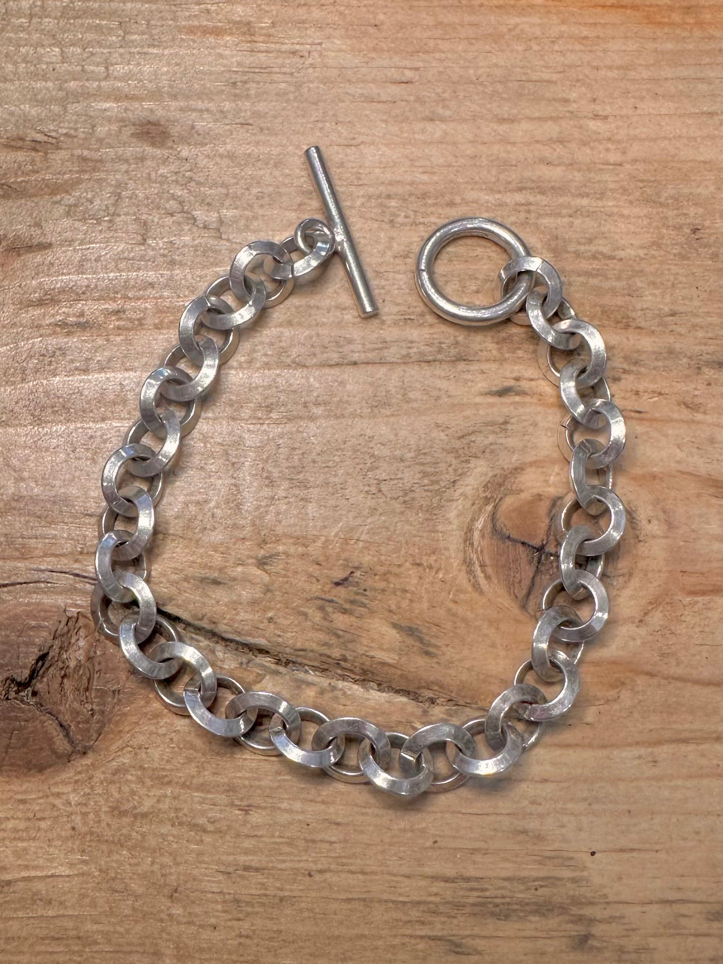 Modern Circle Link T Bar 925 Silver 7.2 inch Bracelet