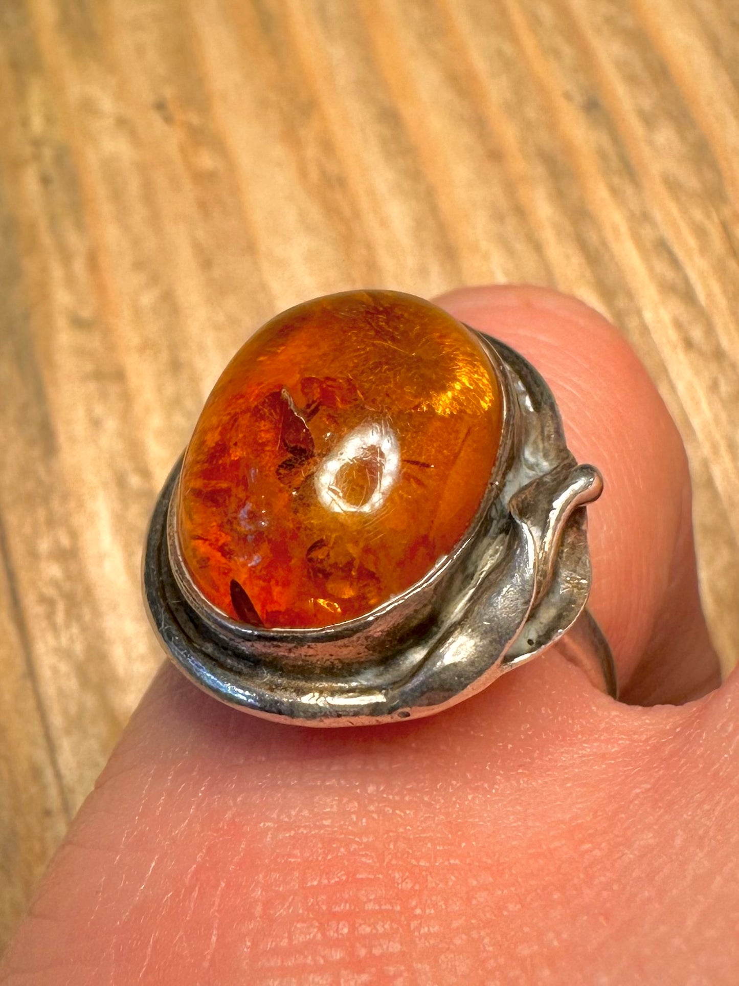 Vintage Art Nouveau Style Amber 925 Sterling Silver Size M Ring