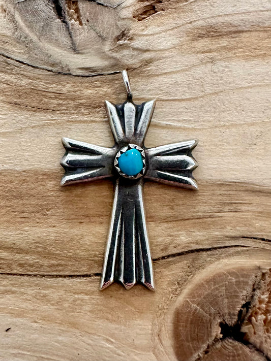 Vintage Navajo Turquoise Cross 925 Sterling Silver Pendant