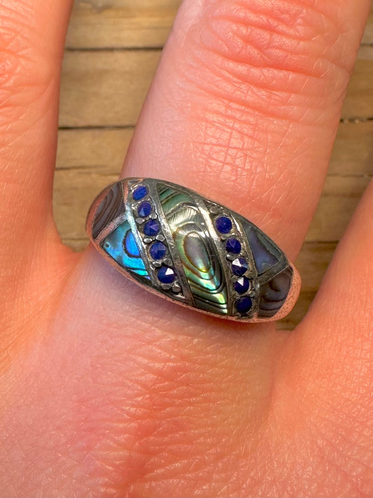 Vintage Abalone and Blue Stone 925 Sterling Silver Size V1/2 Ring