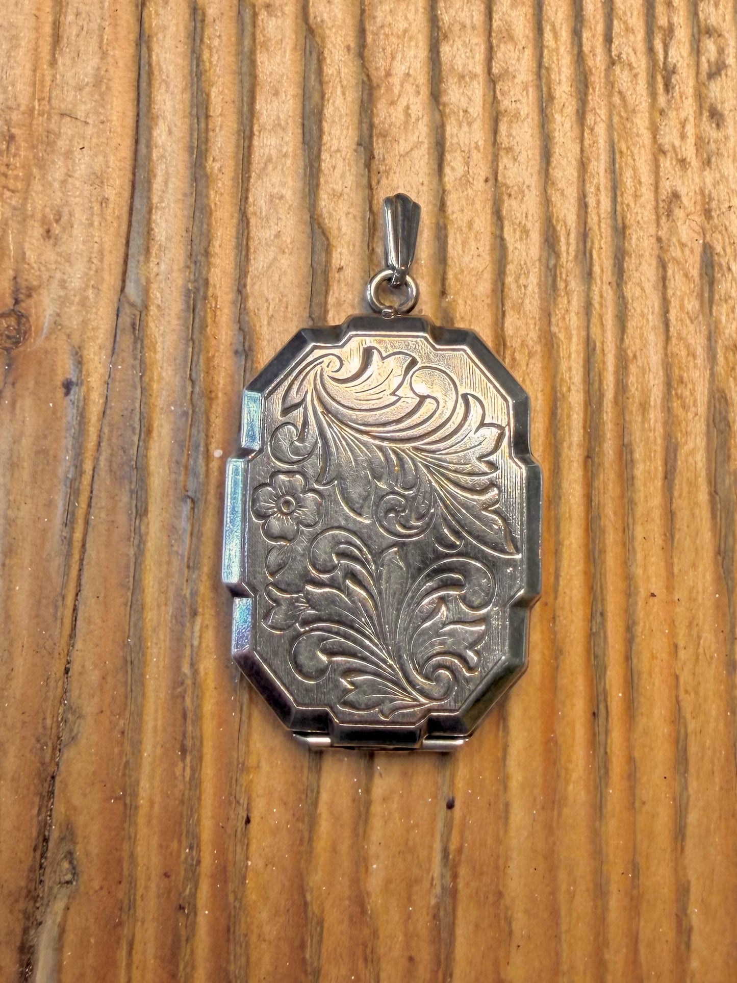 Rectangle Octagon Floral Engraved Locket 925 Sterling Silver Pendant