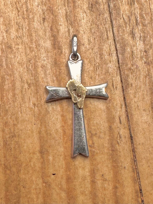 9ct White and Yellow Gold Crucifix Cross Pair of Feet Pendant
