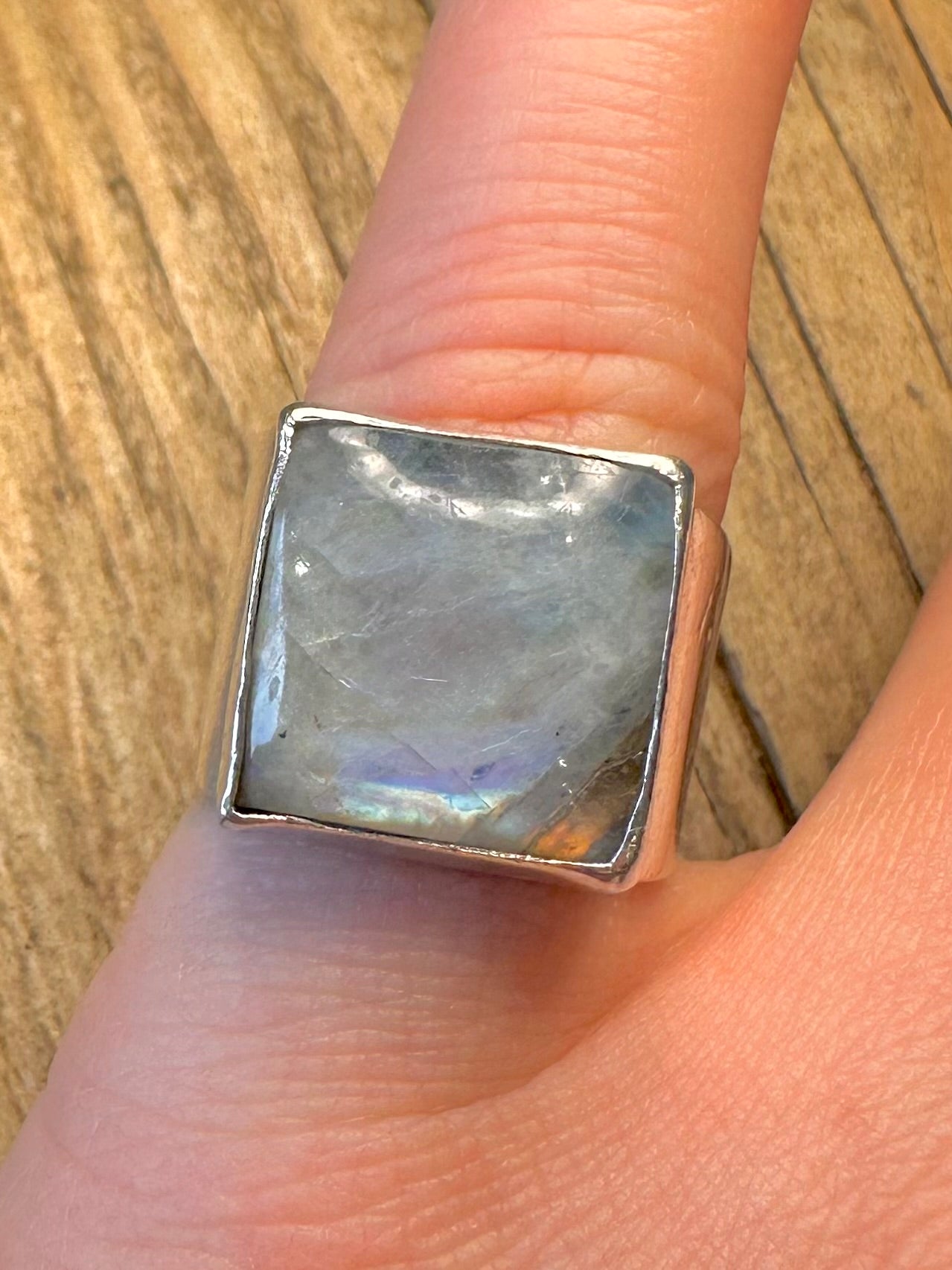 Square Rainbow Moonstone 925 Sterling Silver Size N Ring