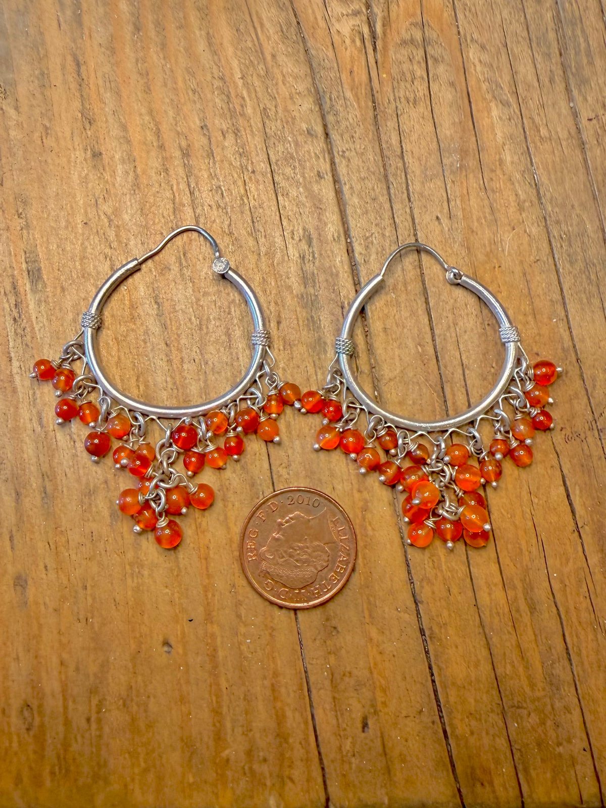 Orange Beads Dangle Hoops 925 Sterling Silver Earrings