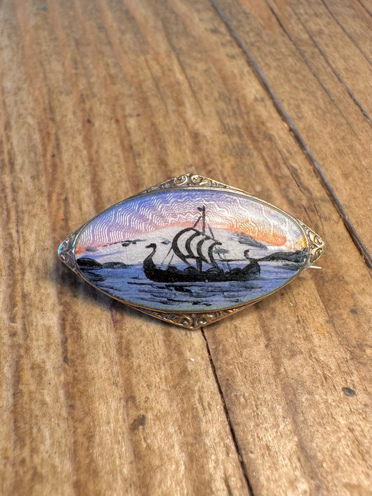 Stunning Norwegian Viking Ship Guilloche Enamel 925 Sterling Silver Brooch