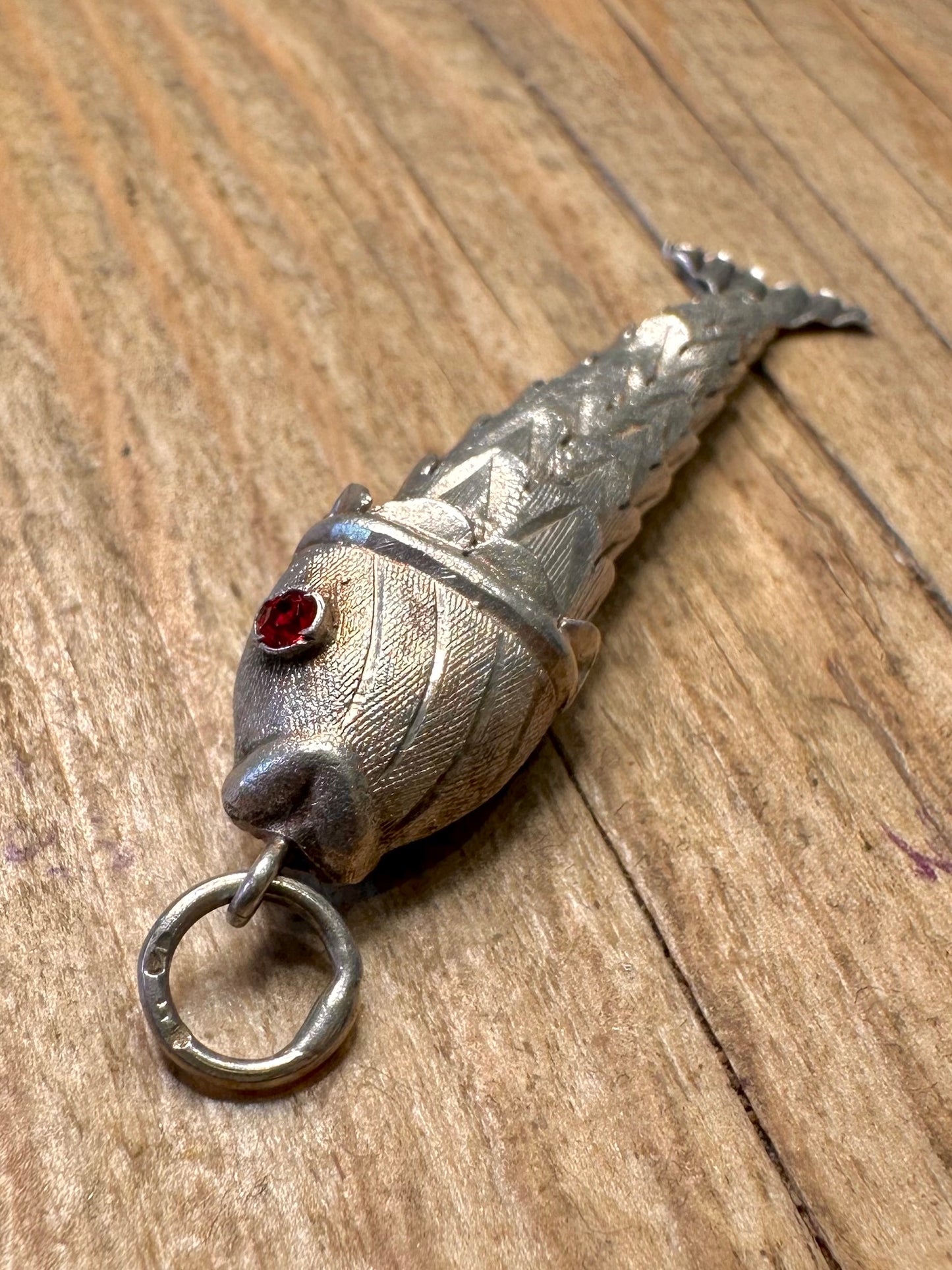 Vintage Articulated Red Stone Fish 925 Sterling Silver Pendant
