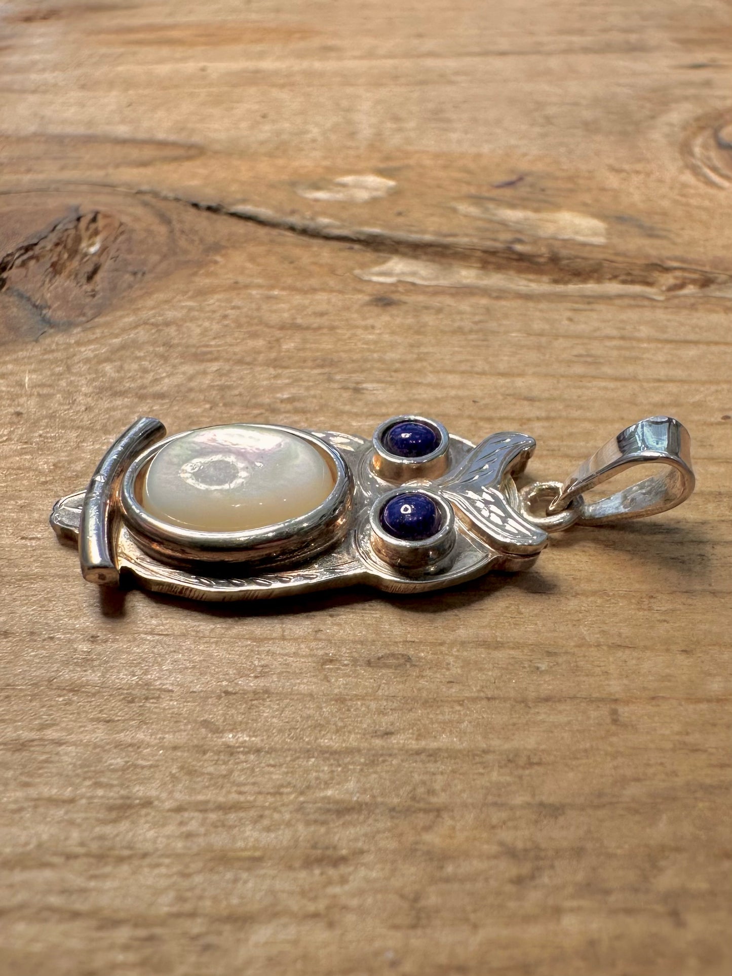 Vintage Owl Mother of Pearl and Lapis 925 Silver Pendant
