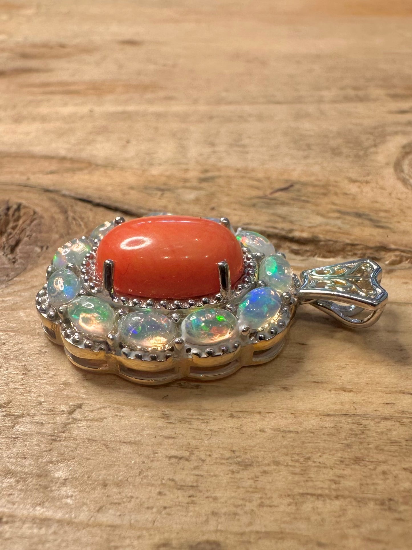 Orange Coral and Opal Gold on 925 Silver Pendant