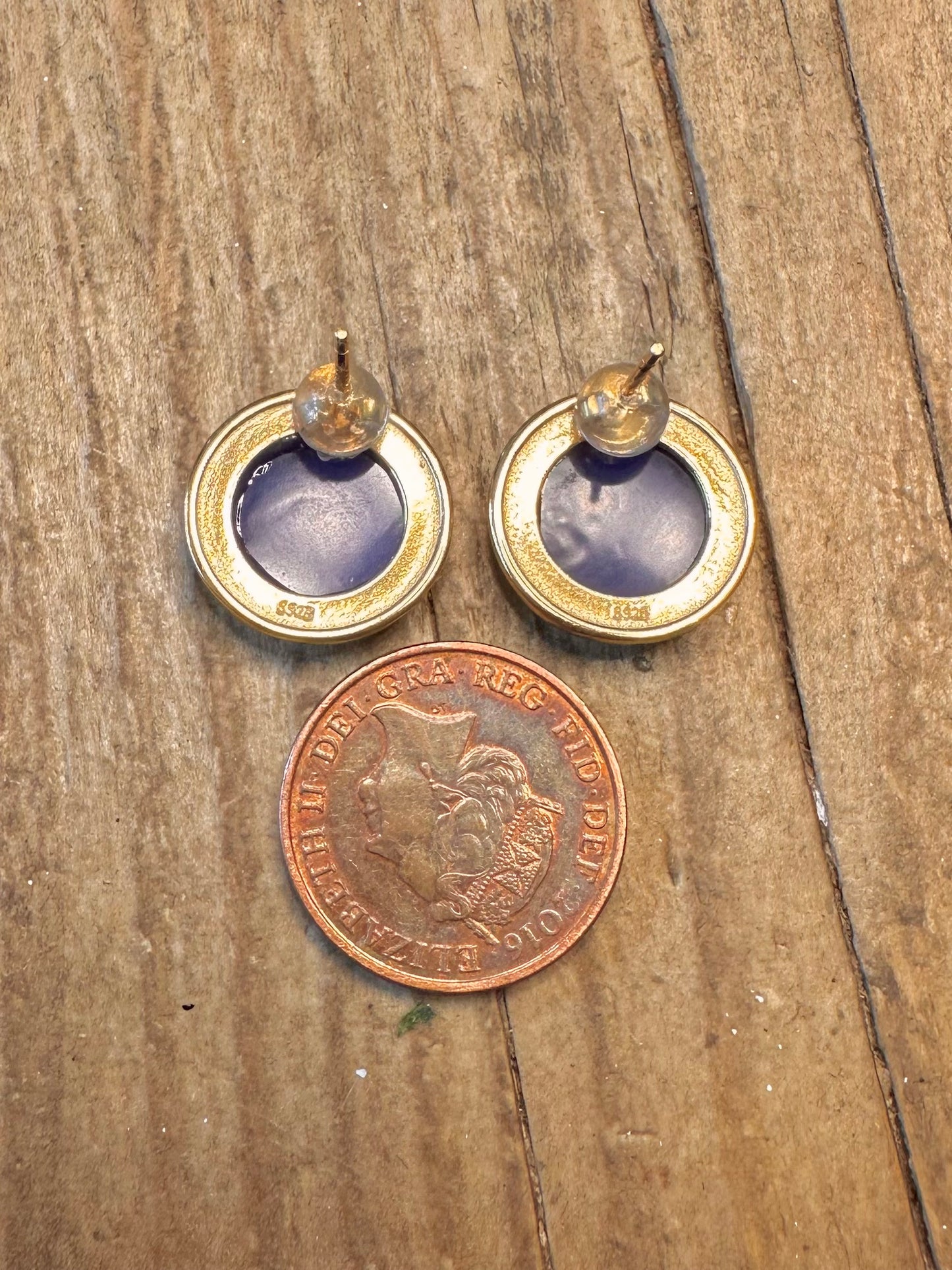 Blauer Kreis Cameo Katze Gold auf 925 Sterling Silber Ohrringe
