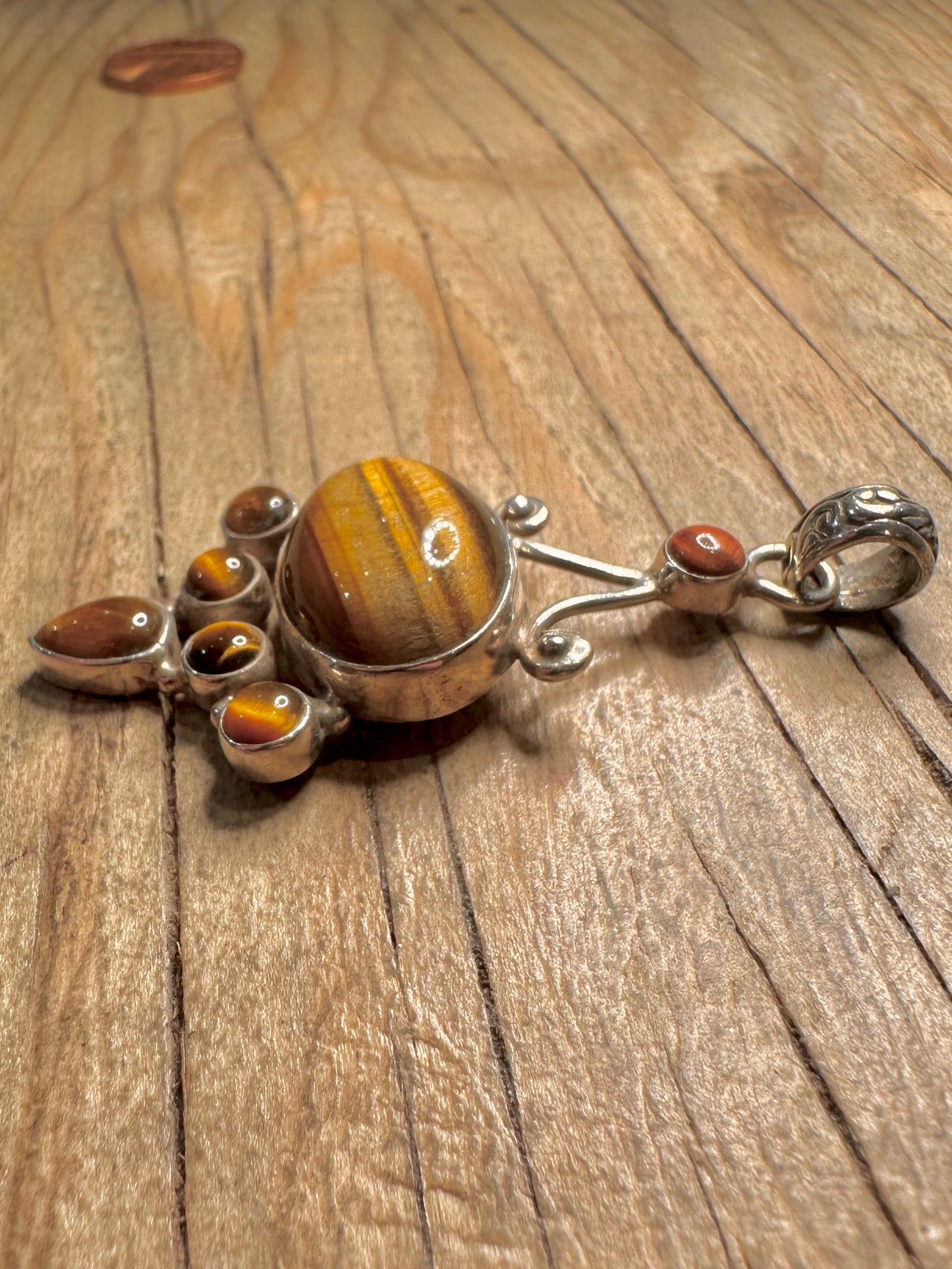 Vintage Tigers Eye Ornate 925 Sterling Silver Pendant
